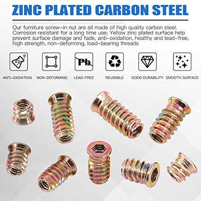 Glarks 50Pcs 1/4"-20x20mm Threaded Inserts Nuts Zinc Plated Carbon Steel Hex Socket Drive Furniture Flanged Screw-in Nut with M6 Hex Wrench for Wood Furniture (1/4"-20 x 20mm) - size: 1/4"-20 x 20mm