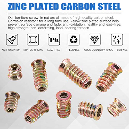 Glarks 50Pcs 1/4"-20x10mm Threaded Inserts Nuts Zinc Plated Carbon Steel Hex Socket Drive Furniture Flanged Screw-in Nut with M6 Hex Wrench for Wood Furniture (1/4"-20 x 10mm) - size: 1/4"-20 x 10mm