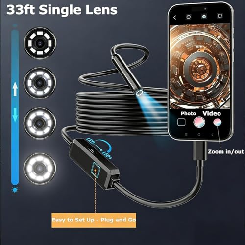Endoscope Camera with Light, 1920P HD Borescope Camera with 33FT Semi-Rigid Snake Cable, 8 LED Lights Inspection Camera for iPhone Android - style: Single-Lens-33 FT