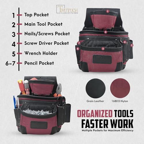 Nylon and Leather Tool Belt | Framing Tool Bags | Nylon Tool Pouch | Carpenter Tool Belts | Construction | Framers | Electrician Tool Belt (Maroon 1650) - color: Maroon 1650
