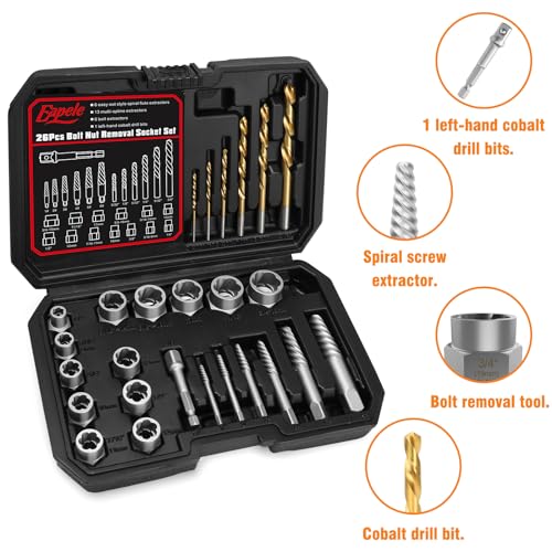 Eapele Bolt Extractor Set, Stripped Nut Remover Twist Sockets, Fit 3/8" Square Drive with Solid Storage Case(26pcs, Black) - size: 26pcs