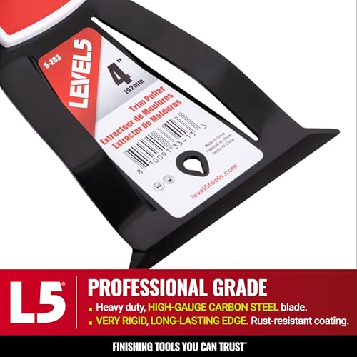 LEVEL5 4” Trim Puller & Multi-Tool | Baseboard and Trim Removal, Caulk Removal, Scraping, Pulling Brad Nails | Metal Hammer End & Soft-Grip Handle | 5-203