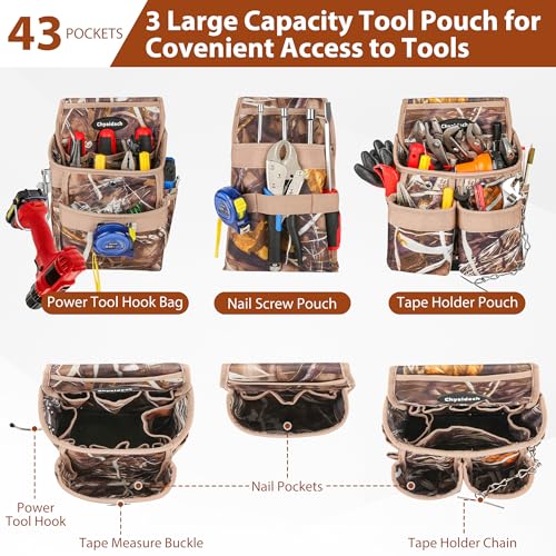 Chyaidach Camo 7 Piece Tool Belts for Men with Suspenders & Hard Bottom Pouches & Air Channel Support, Construction Tool Belt Framing Combo Heavy Duty Tool Rig for Carpenter Electrician Framer Roofing