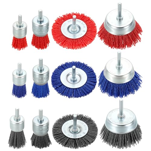 DTGN 12 Pcs Wire Wheel Cup Pen Brush Set for Drill, 1/4 Inch Round Shank - size: 1/1.8/3 inch（80/180/240 Grit）