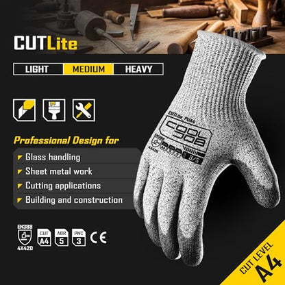COOLJOB 12/120 Pairs Cut Resistant Work Gloves PU Coating, ANSI A2 A4 A6 A9 - size: Medium (Pack of 120)