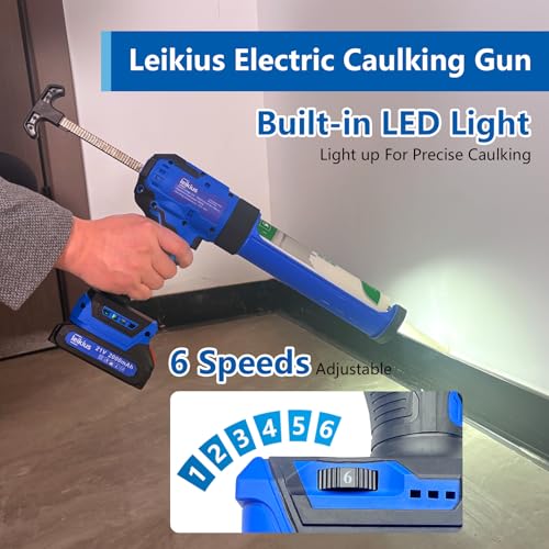 Electric Caulk Gun with LED Light, 6 Speed Adjustment for Kitchen Bathroom Filling, Sealing,Cordless Caulking Gun with 2x 2000mAh Batteries,Charger, Caulk Finish Tools,Nozzle and Knife