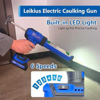 Electric Caulk Gun with LED Light, 6 Speed Adjustment for Kitchen Bathroom Filling, Sealing,Cordless Caulking Gun with 2x 2000mAh Batteries,Charger, Caulk Finish Tools,Nozzle and Knife