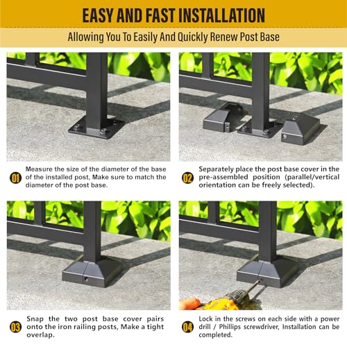 Aluminum Deck Railing Post Base Cover, Split Type, 1.25" x 1.25", 8 Pack, Black - size: Post-1.25'' Base-3.5''
