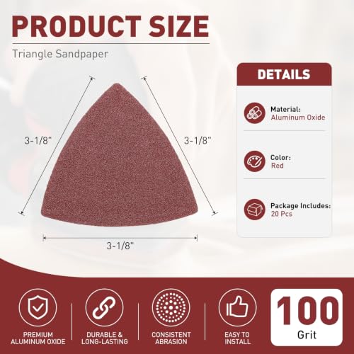 20Pcs Triangle Sandpaper 3-1/8" 100Grit Red - size: 3 1/8inch, 100 Grit