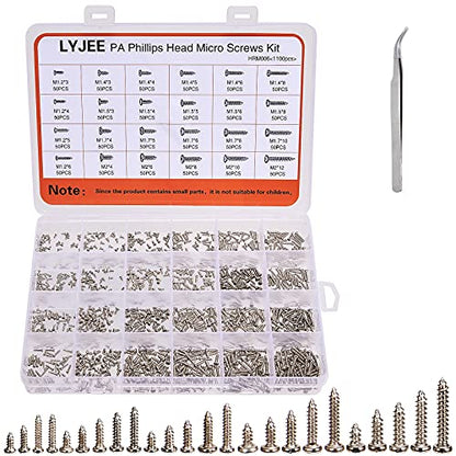 1100Pcs Nickel-Plated M1.2,M1.4,M1.5,M2 Round Pan Head Tapping Screws Laptop Notebook Computer Screws Kit,Phillips Small Screw Set for Electronic Repair (1100pcs) - color: Silver-1100pcs