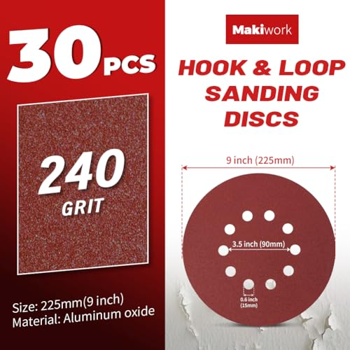 30PCS 9-Inch 10-Hole 240 Grit Hook & Loop Sanding Discs – Heavy-Duty Aluminum Oxide Sandpaper for Drywall Sander, Paint Removal, Wood & Metal Surface Prep - style: 10 Hole