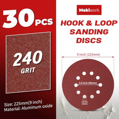 30PCS 9-Inch 10-Hole 240 Grit Hook & Loop Sanding Discs – Heavy-Duty Aluminum Oxide Sandpaper for Drywall Sander, Paint Removal, Wood & Metal Surface Prep - style: 10 Hole