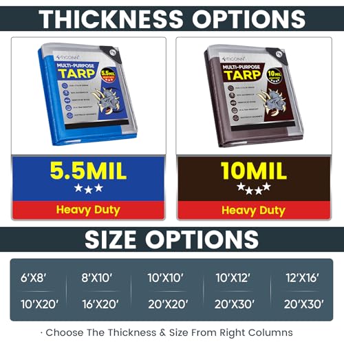 TICONN Heavy Duty Tarp Cover Waterproof, Extra Thick UV Resistant Tarpaulin - color: Blue, size: 6'x8', 5.5 Mil, 2PK
