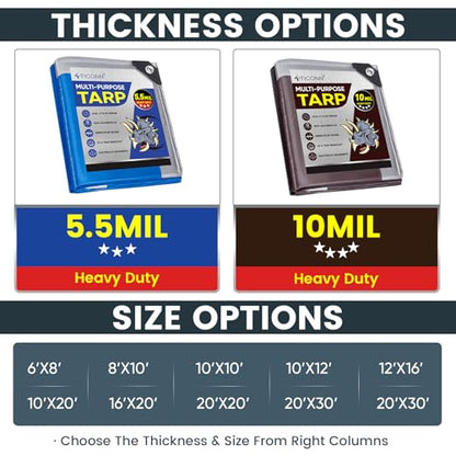 TICONN Heavy Duty Tarp Cover Waterproof, Extra Thick UV Resistant Tarpaulin - color: Blue, size: 10'x12', 5.5 Mil, 2PK