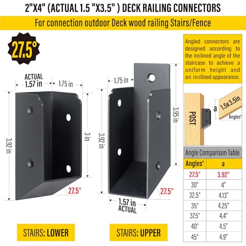 AECXM 201 Stainless Steel 2" x 4" (1 ½" x 3 ½" Actual) Deck Railing 27.5° Stair Connectors, for Deck Railing Stair Handrail Connection Installation Deck Railing Bracket (4 Pair-Black) - size: Angle 27.5°