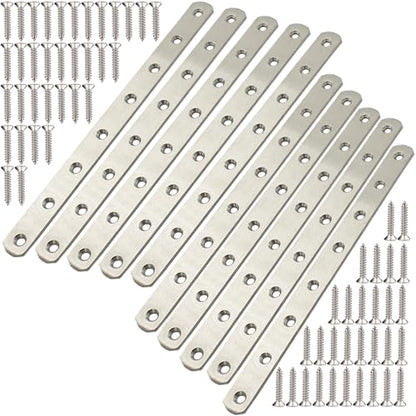12" Flat Mending Plate 10Pcs Flat Straight Braces Stainless Steel Straight Brackets, Repair Fixing Bracket Connector, Mending Joining Plates with Screws, Silver - style: 10Pcs
