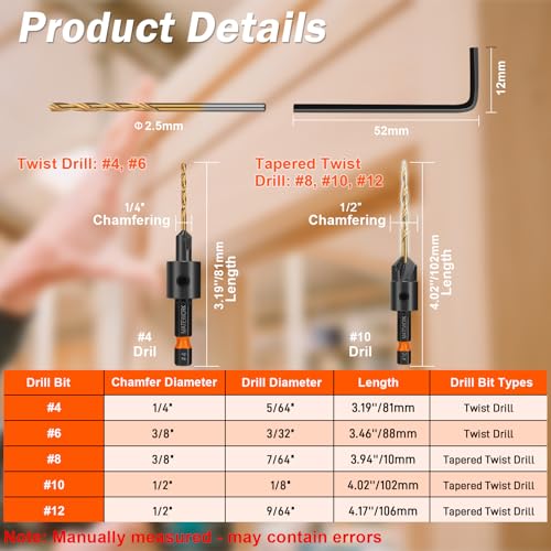 Matework Countersink Drill Bit Set 11PCS, M2 Cobalt HSS Wood Drill Bits - size: M2 Cobalt HSS