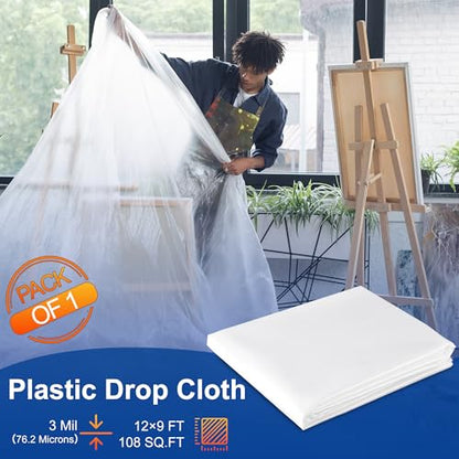 Plastic Drop Cloth, 3Mil Thick, Heavy-Duty, 9x12 Ft Painter's Sheet - size: 3mil-1Pack