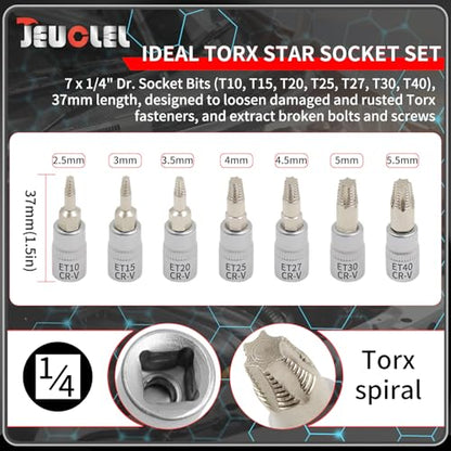 7PCS Torx Star 6 Point 1/4" Drive Socket Kit, Broken Bolt Extractor