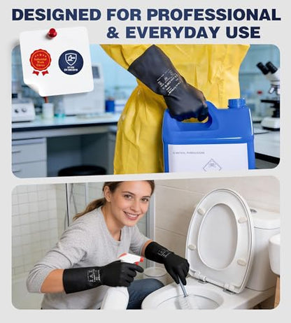 AnTools 2 Pairs Heavy-Duty Chemical Resistant Rubber Gloves, Protective Industrial Gloves for Cleaning, Dishwashing, Resist Acid, Alkali, Hazmat, Black, Large