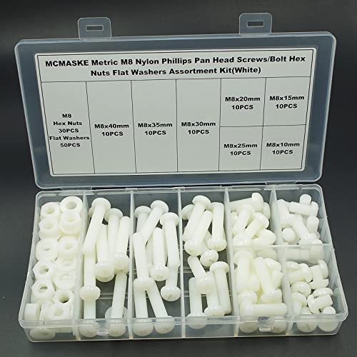 150PCS M8 White Nylon Phillips Pan Head Screws Nuts Washers Kit - size: M8