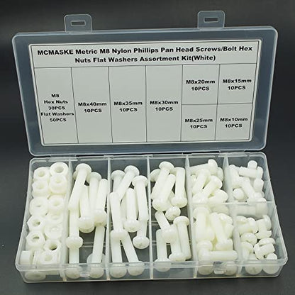 150PCS M8 White Nylon Phillips Pan Head Screws Nuts Washers Kit - size: M8