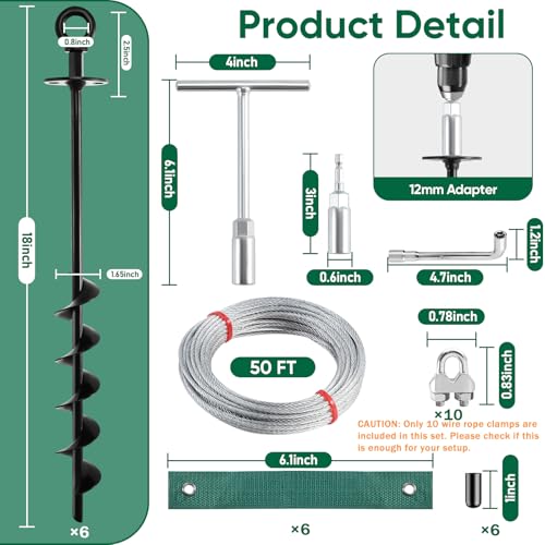 Garden Stakes 18" Heavy Duty Tree Stakes Ground Anchors with Straps & Steel Cable - Screw in Spiral Earth Anchors for Plant Support, Shed, Trampoline, Swing Set - Secure Against High Winds (6) - size: 6×18in(with10 clips)