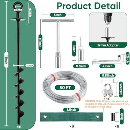Garden Stakes 18" Heavy Duty Tree Stakes Ground Anchors with Straps & Steel Cable - Screw in Spiral Earth Anchors for Plant Support, Shed, Trampoline, Swing Set - Secure Against High Winds (6) - size: 6×18in(with10 clips)