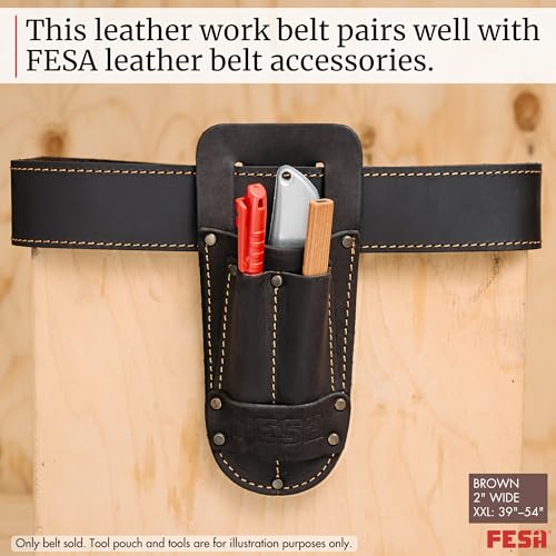 FESA Men's Leather Tool Belt - Handcrafted Top Grain Leather Tool Pouch Belt for Carpenters & Other Trade Professionals - color: Brown - 2" Wide - Xxl