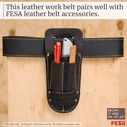 FESA Men's Leather Tool Belt - Handcrafted Top Grain Leather Tool Pouch Belt for Carpenters & Other Trade Professionals - color: Brown - 2" Wide - Xxl