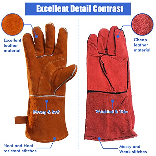 QeeLink Welding Gloves for Men - Fireproof Leather and Stitching - color: Brown (14-inch)