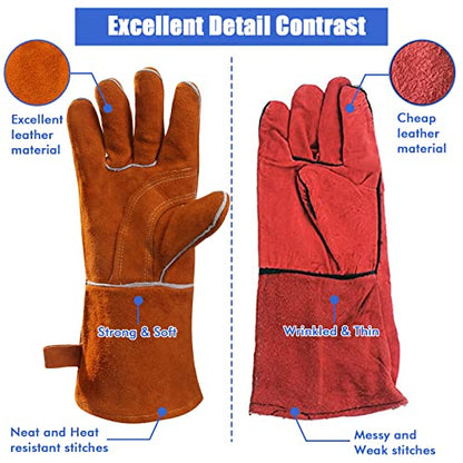 QeeLink Welding Gloves for Men - Fireproof Leather and Stitching - color: Brown (14-inch)