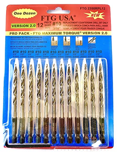 FTG USA Tapered Drill Bits for Wood 12 Pc #10 (3/16") All Same Size Replacement for FTG Countersink Drill Bit Set - size: #10 (3/16"), style: 12 Bits w/o cutter