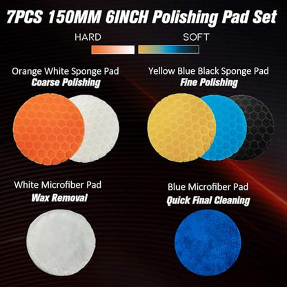 Buffing Polishing Pads 6 Inch - 7Pcs 150mm Face for 6 Inch 150mm Backing Plate, Car Compound Buffing Sponge Pads and Woolen Cutting Polish Pad Kit for Car Polishing and Waxing