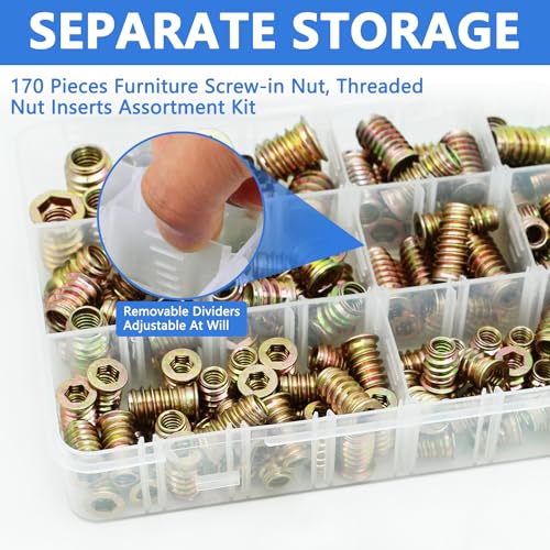 Threaded Inserts 170 PCS, 10 Sizes Assortment Kit for Wood Furniture - size: 170 PCS