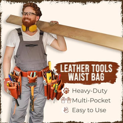 Daisy Leather Tool Belt Pro-202, 28 Pockets, Top Grain Leather, 2.5-inch Padded Belt, Fits 30-52 inch Waist, X-Large (Cherry, X-Large) - color: Cherry