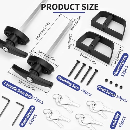 Shed Door Lock Latch, 2 Pack 5-1/2 Inch Stem Shed Door T Handle Lock with 8 Keys Hardware Set for Storage Barn Camper RV Garage, Fits on 4-1/2" Max Thickness - size: 5½ Inch Stem 2 PACK