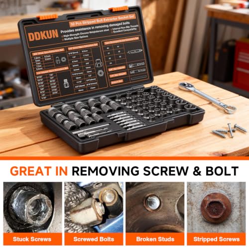 52PCS Bolt Extractor Set & Screw Extractor Kit, Stripped Bolt Remover Socket Set, Easy Out Tool for Broken, Damaged, Rusted & Rounded Bolts, Nuts and Stripped Screws with Portable Storage Case
