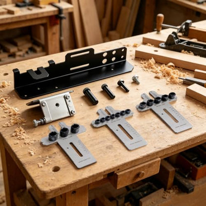 08359 Stainless Steel Dowel Jig Kit, Precision Woodworking Doweling Jig with 90 Degree Angle Bracket, 1/4" 3/8" 1/2" Dowel Hole Drilling Guide Locator for Furniture Cabinet Joinery DIY Wood Projects