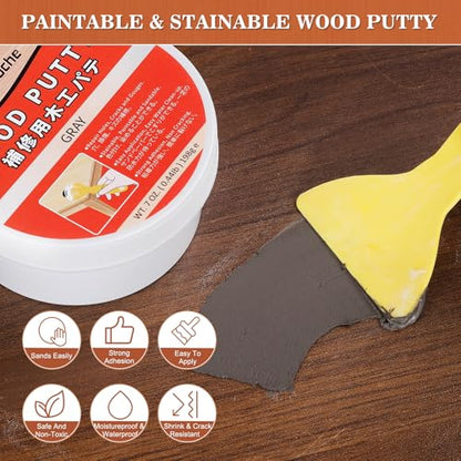 Wood Filler Putty Gray Paintable, Stainable, Sandable Repair Kit 7 Ounce - color: Gray