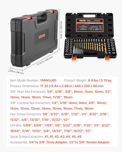 VEVOR Bolt Extractor Kit, 65 Pieces Easy Out Screw Extractor Set, Lug Nut Removal Tool with Left Hand Drill Bit Set for Removing Damaged, Frozen, Broken, Rusted, Rounded-Off Bolts, Nuts & Screws - size: 65 PCS