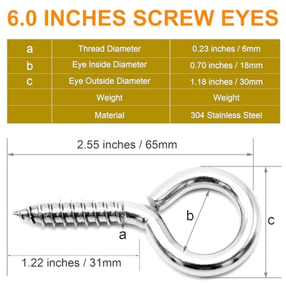 M6 10 Pcs 304 Stainless Steel Screws Eye,2.56 Inch Screw Self Tapping Eye,Load Bearing 200LB, Duty Eye Bolt for Wood Securing Cables Wire,Indoor & Outdoor Use (10, M6 2.56 Inch) - size: M6 2.56 Inch