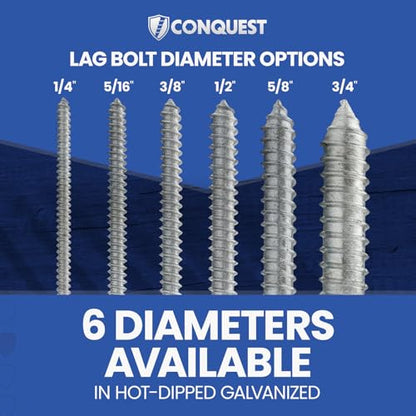 Conquest 5/8"-5 x 20 Lag Bolts, Hot Dip Galvanized, Coarse Threads Hex Head, Corrosion-Resistant for Outdoor, Wood, and Structural Projects (25 Pack) - size: 5/8"-5 x 20"