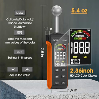 BTMETER Wood Moisture Meter - Pinless Moisture Detector Measur Depth 20-40mm Non-Destructive Moisture Tester with Masonry Spherical Sensor Sound Alarm LCD Display for Firewood Walls Flooring Concrete