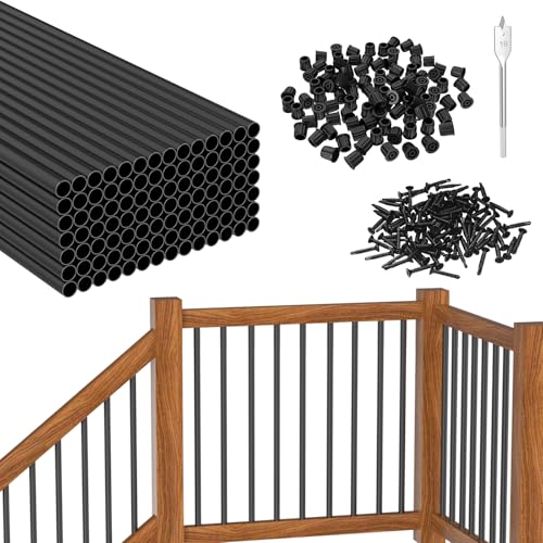 BLIKA 100 Pack 26" Aluminum Deck Balusters with Connectors/Screws, 3/4" OD Hollow Round Aluminum Balusters for Deck Railing, Black Metal Deck Balusters Staircase Spindles - size: Round-26"