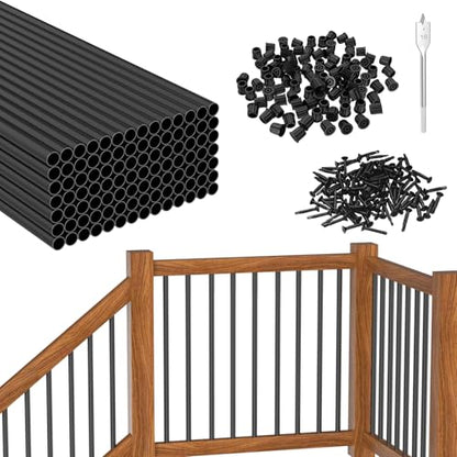 BLIKA 100 Pack 26" Aluminum Deck Balusters with Connectors/Screws, 3/4" OD Hollow Round Aluminum Balusters for Deck Railing, Black Metal Deck Balusters Staircase Spindles - size: Round-26"