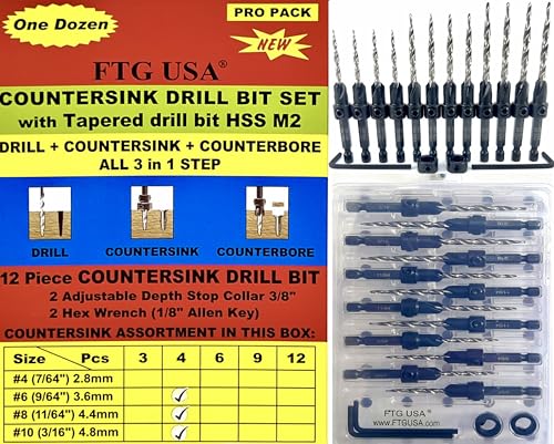 FTG USA 12 Pc Set (4 Each #6#8#10) Tapered Countersink Drill Bit Hex Shank - size: #6#8#10, style: Same Sort 4 Pc