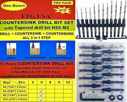 FTG USA 12 Pc Set (4 Each #6#8#10) Tapered Countersink Drill Bit Hex Shank - size: #6#8#10, style: Same Sort 4 Pc