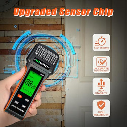 Pinless Moisture Meter for Wood, Drywall & Masonry – Fast & Precise Handheld Moisture Detector，Wood Moisture Meter – Measures 5-75% (Wood), 5-70% (Drywall/Masonry) /Auto-Off & Alarm - color: Orange
