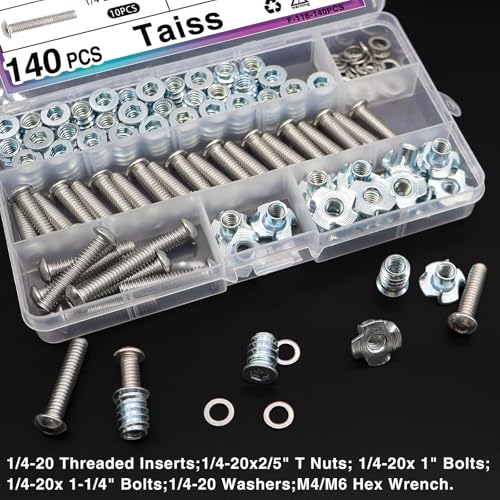 Taiss 140PCS 1/4-20 Threaded Inserts for Wood,T Nuts,1/4-20x 1", 1-1/4" Bolts Button Head Socket Cap Screws Fully Threaded and 1/4-20 Washers with Hex Wrench F-116-140PCS